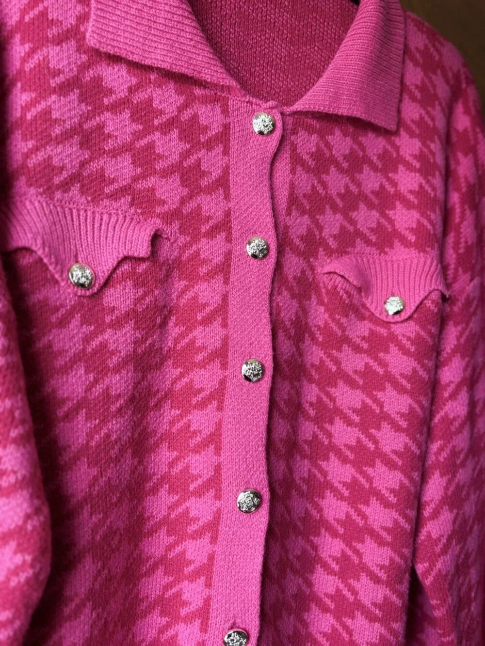 Houndstooth Print Hot Pink Cardigan Chic Sweater Jacket Large